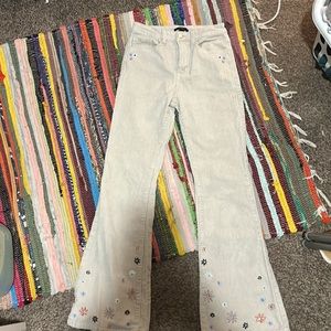 Forever 21 Tan Embroidered Flower Corduroy Flare Pants
